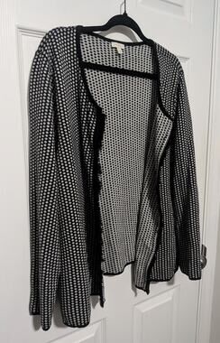 Talbots Woman 2X Open Front Cardigan Sweater Black White Geometric Knit Fringe